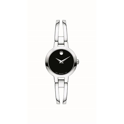 Ladies Amorosa Silver-Tone Stainless Steel Bangle Watch, Black Dial