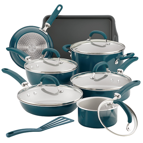 Create Delicious 13pc Enameled Aluminum Cookware, Teal Shimmer