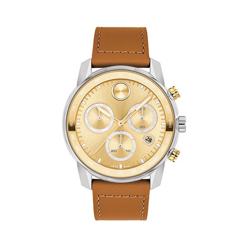 Mens BOLD Verso Chronograph Camel Leather Strap Watch, Gold Dial
