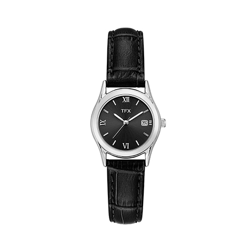 TFX Ladies Black Leather Strap Watch, Black Dial