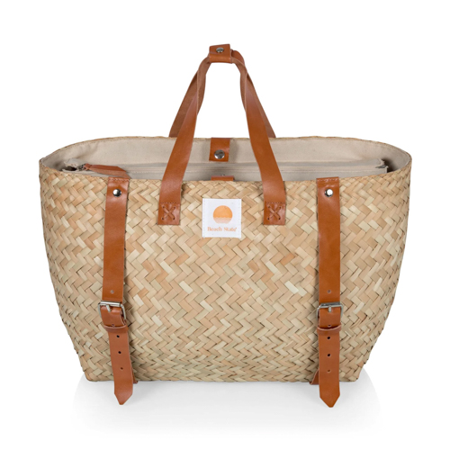 Hermosa Woven Beach Cooler Bag, Beige w/ Brown Accents