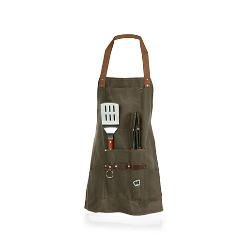 BBQ Apron with Tools & Bottle Opener, Khaki Green with Beige Accents