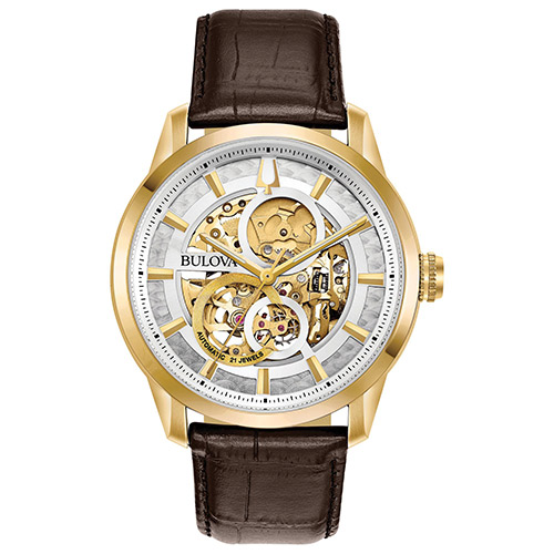 Mens Sutton Automatic Brown Leather Strap Watch, Skeleton Dial