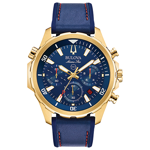 Mens Marine Star Gold & Blue Leather Strap Watch, Blue Dial
