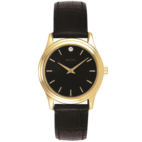 Ladies Corporate Collection Gold & Black Leather Strap Watch, Black Dial