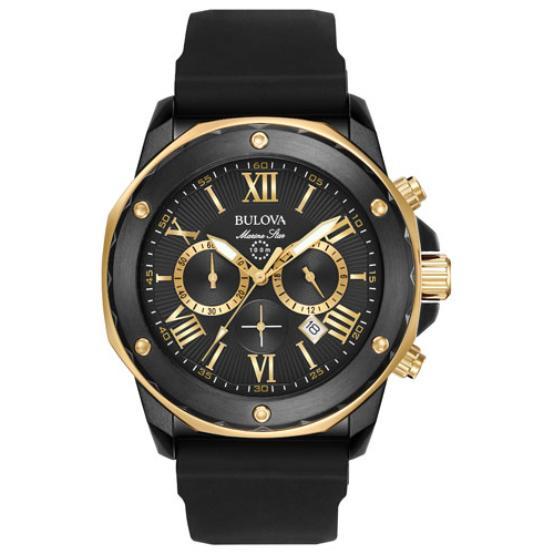 Mens Marine Star Black Silicone Strap Watch, Gold/Black Dial
