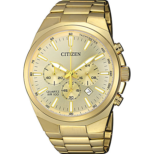 Mens Quartz Gold Stainless Steel Multi-Dial Watch, Gold Dial