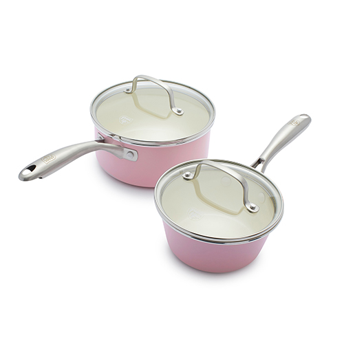 Artisan Healthy Ceramic Nonstick 2pc Saucepans w/ Lids, Pink