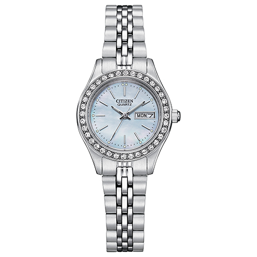 Ladies Quartz Silver-Tone Stainless Steel Watch, Blue MOP Dial