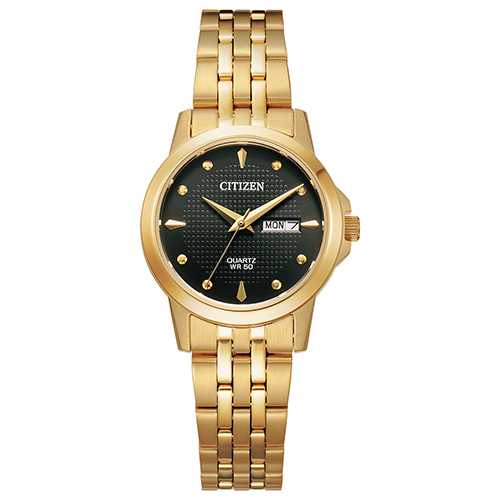 Ladies Quartz Gold-Tone Stainless Steel Watch, Black Dial
