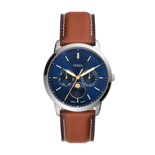 Men's Neutra Moonphase Brown Leather Watch, Blue Dial