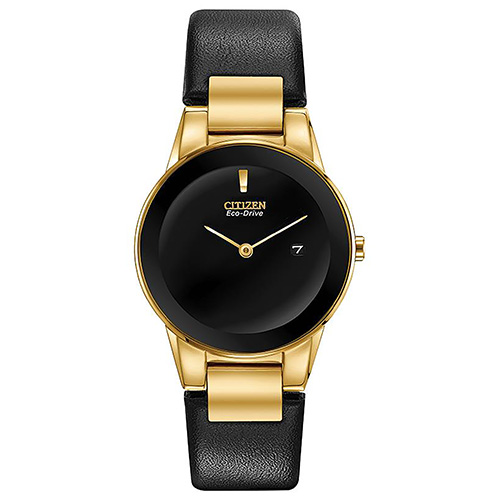 Ladies Axiom Eco-Drive Gold & Black Leather Strap Watch, Black Dial