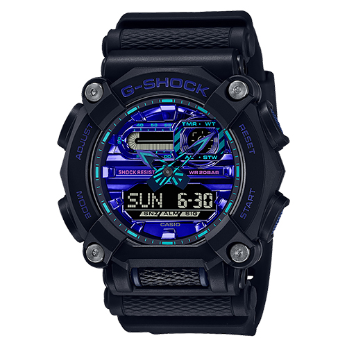 Mens G-Shock Virtual Reality Black Resin Watch, Blue Violet Dial