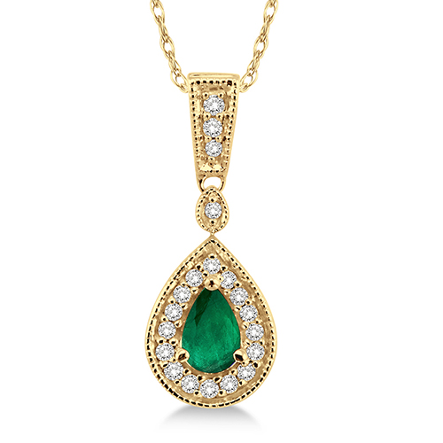 Emerald/Diamond 14k Yellow Gold Teardrop Necklace
