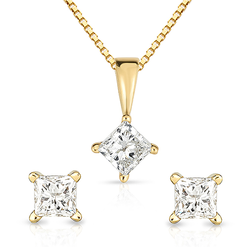 Princess Cut .50twt Diamond Earrings & 14K Gold Necklace Set