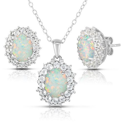 Oval Opal & White Topaz Earrings & Necklace Set