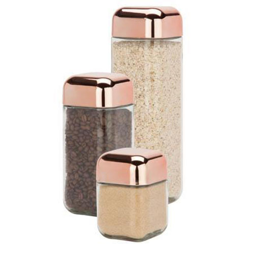 3pc Square Glass Storage Jar Set, Copper Lids