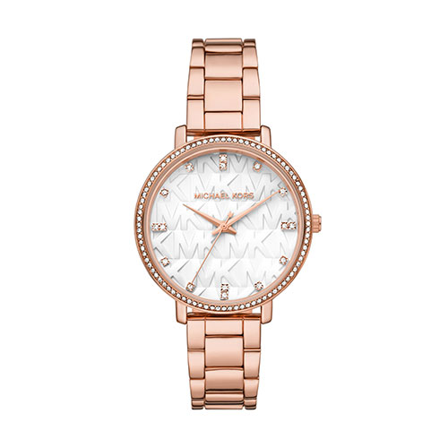 Ladies Pyper Rose Gold-Tone Stainless Steel Watch, White MK Logo Dial