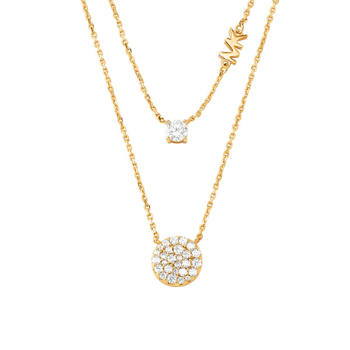 Precious Metal Sterling Silver Pave Disc Layer Necklace, 14K Gold Plated