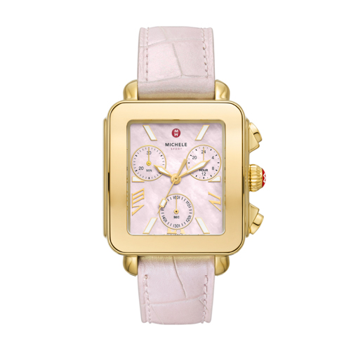 Ladies' Deco Sport Chronograph Gold & Pink Leather Watch, Pink MOP Dial
