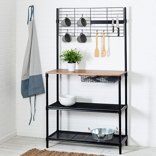 65" Bakers Rack w/ Cutting Board and Hanging Storage, Black