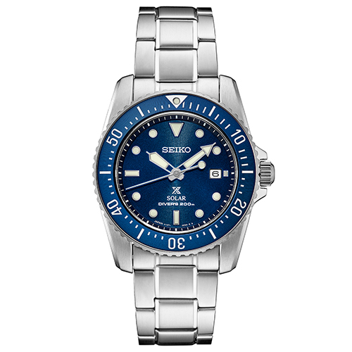 Mens Prospex Solar Diver Silver-Tone Stainless Steel Watch, Blue Dial