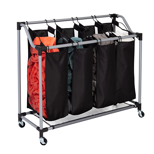 Rolling Deluxe 4-Compartment Laundry Sorter, Black/Silver