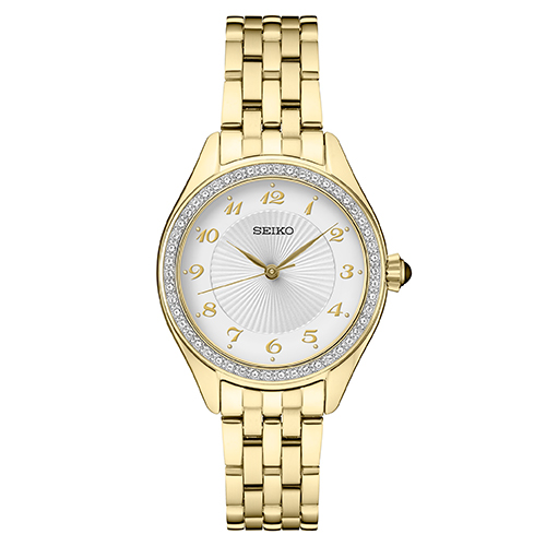 Ladies Essentials Crystal Gold-Tone Stainless Steel Watch, White Dial