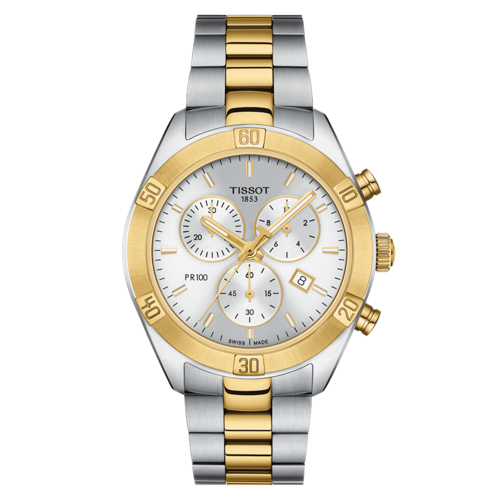 Ladies PR 100 Sport Chic Chronograph 2-Tone Stainless Steel Watch, Silver Dial