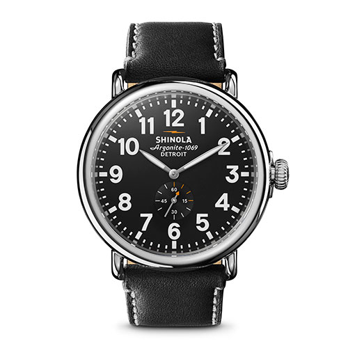 Mens' Runwell Black Leather Strap Watch, Black Dial