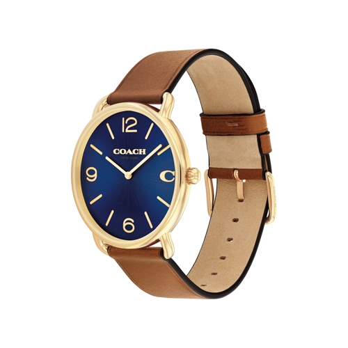 Mens' Elliot Gold & Brown Leather Strap Watch, Navy Dial