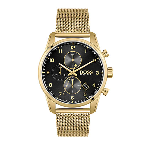 Mens Skymaster Gold-Tone Stainless Steel Mesh Watch, Black Dial