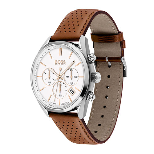 Mens Champion Chronograph Brown Leather Strap, White Dial