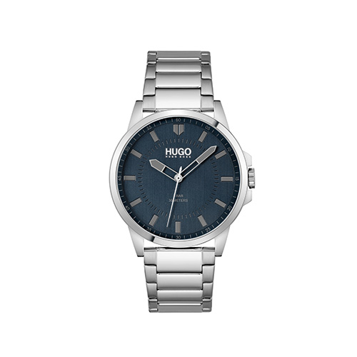 Mens First Silver-Tone Stainless Steel Watch, Blue Dial