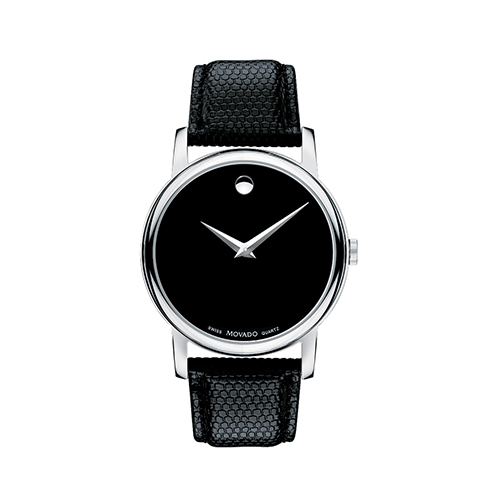 Mens Museum Classic Silver & Black Textured Leather Strap Watch, Black Dial