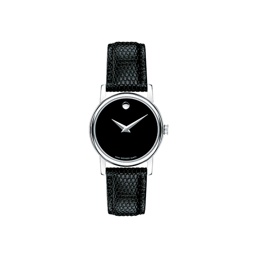 Ladies Museum Classic Silver & Black Textured Leather Strap Watch, Black Dial