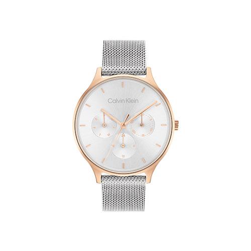 Ladies Timeless Silver & Rose Gold Multi-Function SS Mesh Watch, Silver Dial