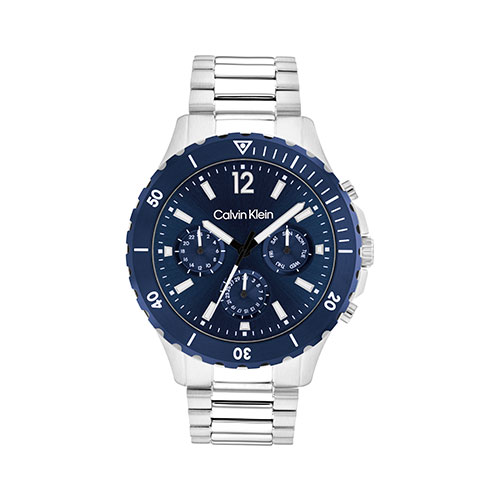 Mens Sport Silver-Tone Multi-Function Stainless Steel Watch, Blue Dial