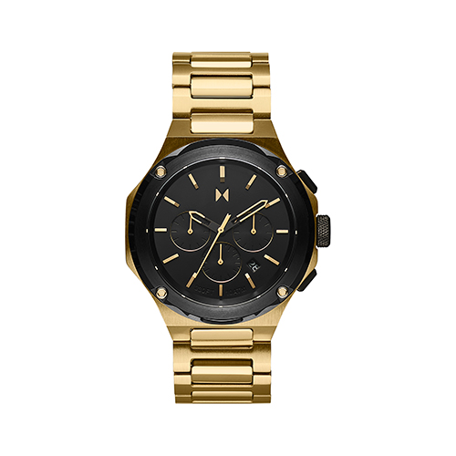 Mens Raptor Solar Gold Chronograph Stainless Steel Watch, Black Dial