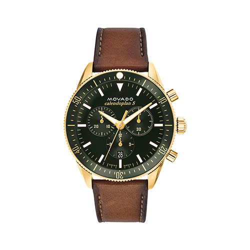 Mens Heritage Calendoplan S Chronograph Brown Strap Watch, Green Dial