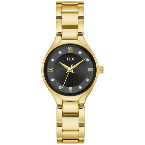 TFX Ladies' Gold-Tone Stainless Steel Watch w/ Crystal Markers, Black Dial