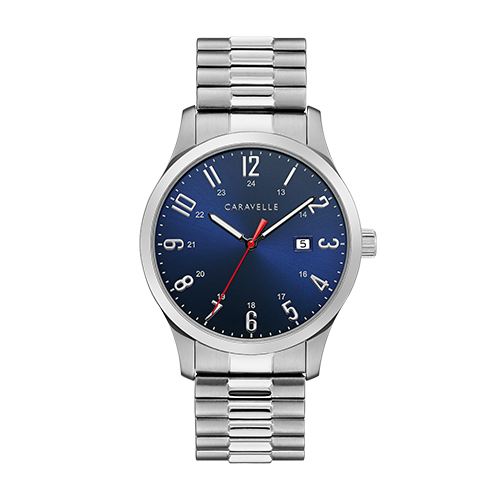 Mens Silver-Tone Stainless Steel Expansion Watch, Dark Blue Dial
