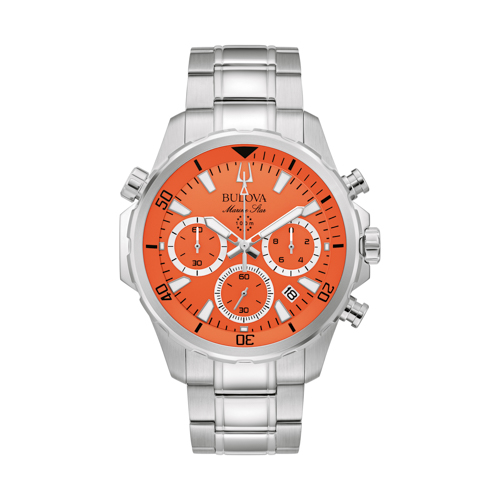 Men's Marine Star Silver-Tone Stainless Steel Chronograph Watch, Orange Dial