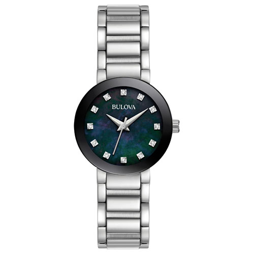 Ladies Modern Silver-Tone Stainless Steel Watch, Black Mother-of-Pearl