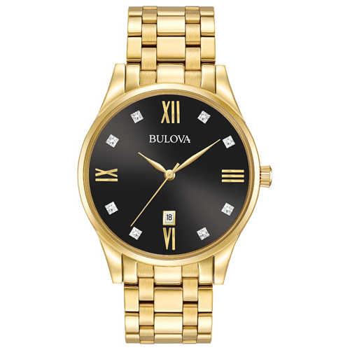 Mens Diamond Gold-Tone Stainless Steel Watch, Black Dial