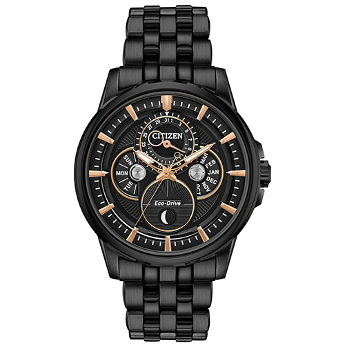 Mens Calendrier Moonphase Eco-Drive Black Ion-Plated Watch, Black Dial