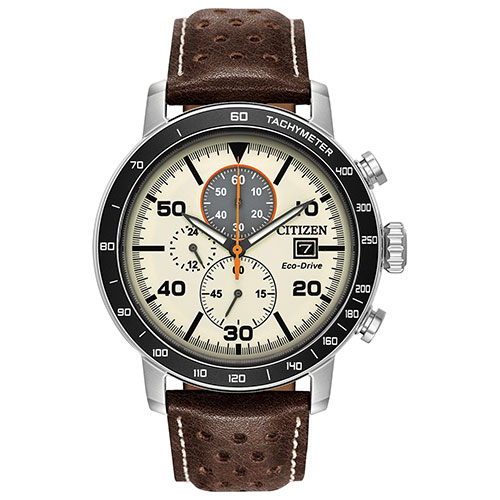 Mens Brycen Eco-Drive Multi-Dial Brown Leather Watch, Ivory