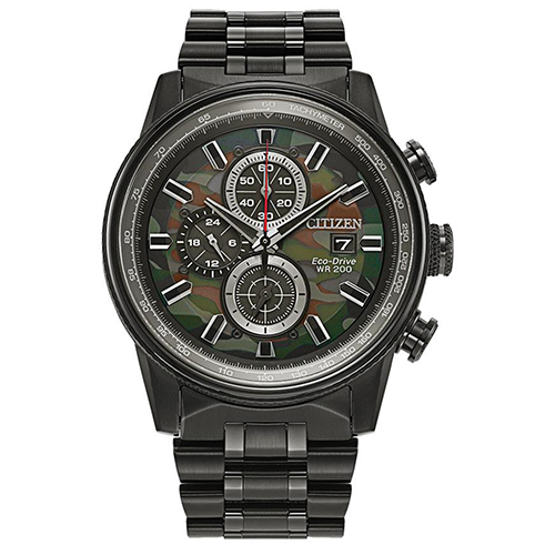 Mens Nighthawk Eco-Drive Black Ion-Plated Chronograph Watch, Camouflage Dial