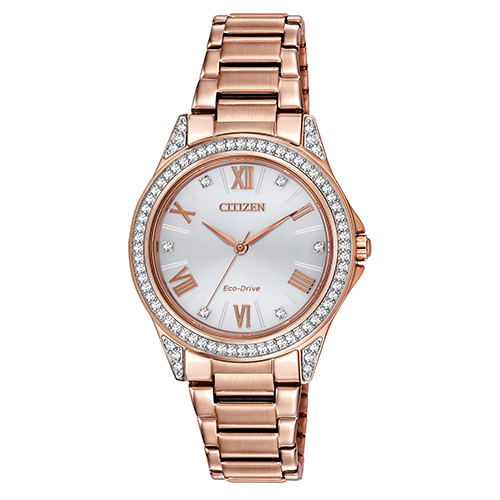 Ladies POV Eco-Drive Crysal Pink Gold-Tone Stainless Steel Watch, Silver Dial