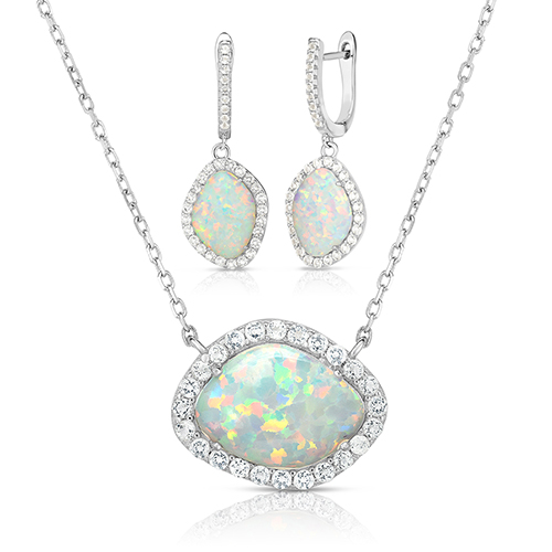 Deco Opal & White Sapphire Earrings & Necklace Set